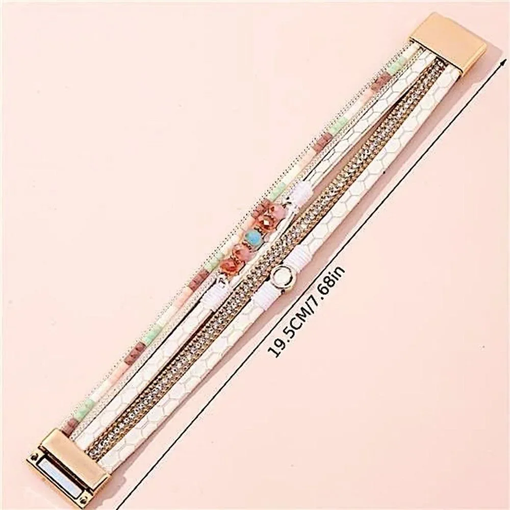 Boho White Multi-Layer Beaded Bracelet Magnetic Clasp Gemstone Accent Stackable